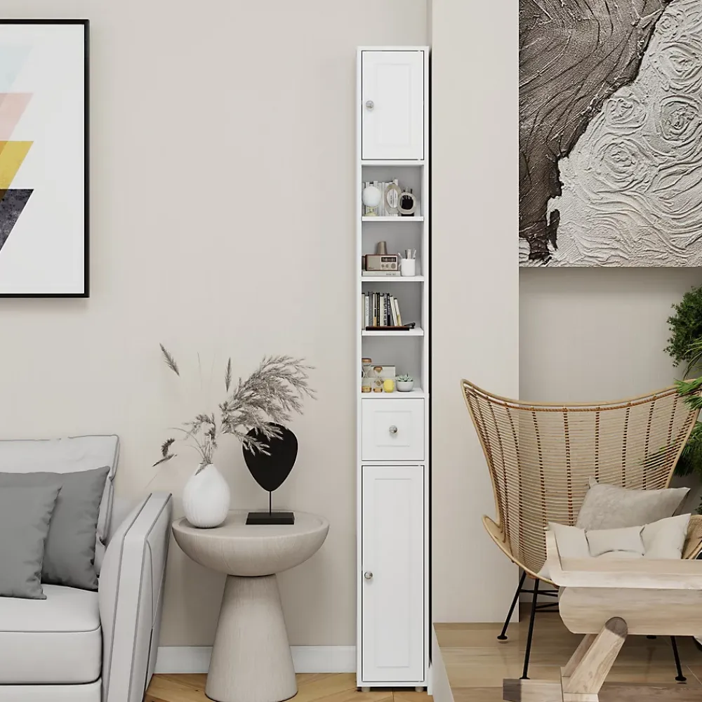 Meuble Wc|ProximaX Meuble haut et étroit salle de bain blanc, autoportant avec 1 tiroir, 2 portes et 4 étagères réglables, 180 cm