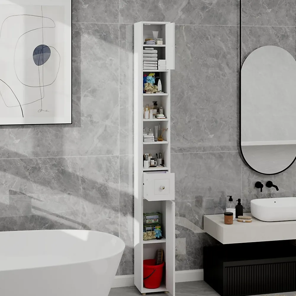 Meuble Wc|ProximaX Meuble haut et étroit salle de bain blanc, autoportant avec 1 tiroir, 2 portes et 4 étagères réglables, 180 cm