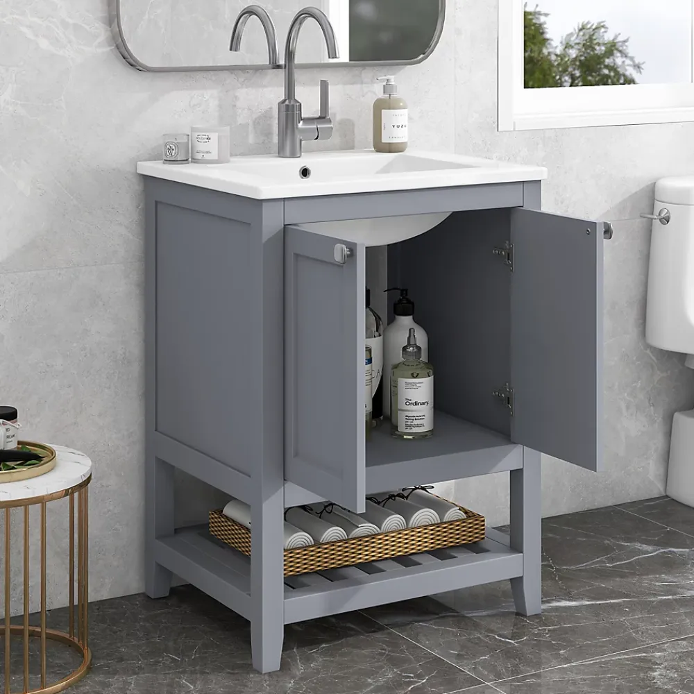 Okwish Meuble Lavabo avec Vasque Céramique - Meuble Sous-Vasque Moderne avec Espace de Rangement, Bois de Pin et MDF, 61x46x90 cm - Gris