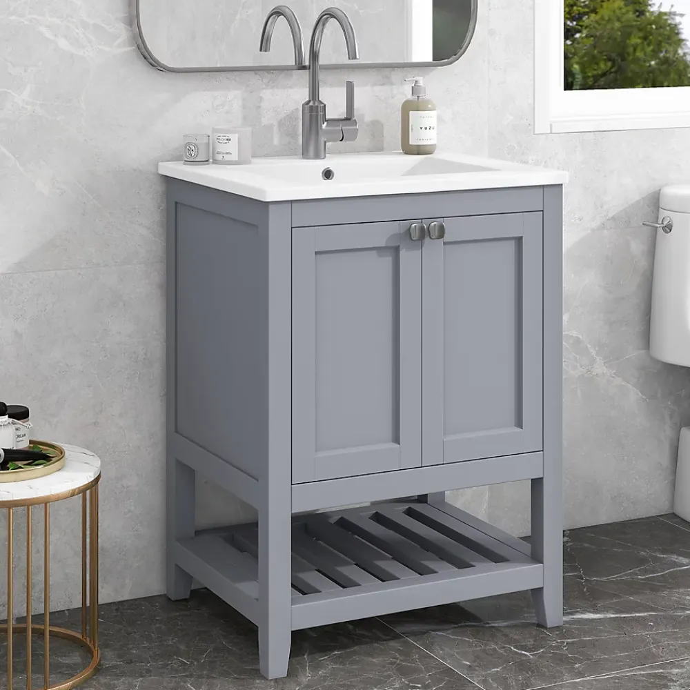Okwish Meuble Lavabo avec Vasque Céramique - Meuble Sous-Vasque Moderne avec Espace de Rangement, Bois de Pin et MDF, 61x46x90 cm - Gris