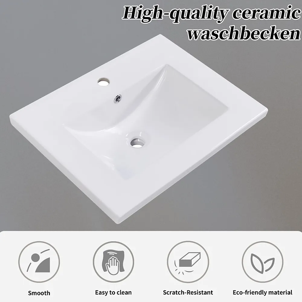 Okwish Meuble Lavabo avec Vasque Céramique - Meuble Sous-Vasque Moderne avec Espace de Rangement, Bois de Pin et MDF, 61x46x90 cm - Gris