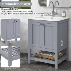 Okwish Meuble Lavabo avec Vasque Céramique - Meuble Sous-Vasque Moderne avec Espace de Rangement, Bois de Pin et MDF, 61x46x90 cm - Gris