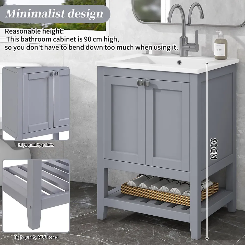 Okwish Meuble Lavabo avec Vasque Céramique - Meuble Sous-Vasque Moderne avec Espace de Rangement, Bois de Pin et MDF, 61x46x90 cm - Gris