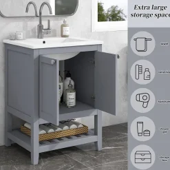 Okwish Meuble Lavabo avec Vasque Céramique - Meuble Sous-Vasque Moderne avec Espace de Rangement, Bois de Pin et MDF, 61x46x90 cm - Gris