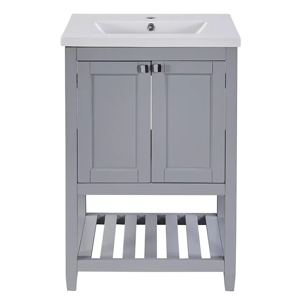 Okwish Meuble Lavabo avec Vasque Céramique - Meuble Sous-Vasque Moderne avec Espace de Rangement, Bois de Pin et MDF, 61x46x90 cm - Gris