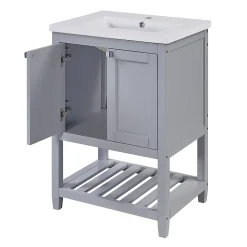 Okwish Meuble Lavabo avec Vasque Céramique - Meuble Sous-Vasque Moderne avec Espace de Rangement, Bois de Pin et MDF, 61x46x90 cm - Gris