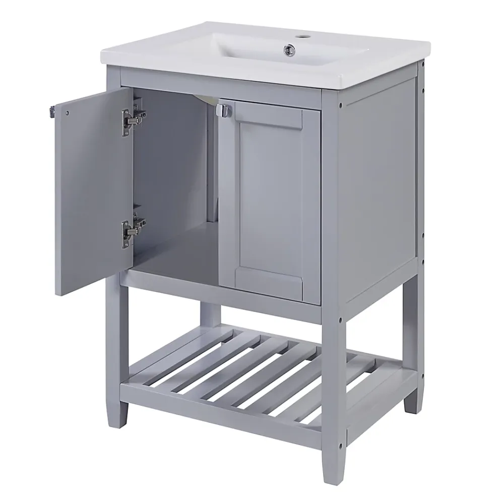 Okwish Meuble Lavabo avec Vasque Céramique - Meuble Sous-Vasque Moderne avec Espace de Rangement, Bois de Pin et MDF, 61x46x90 cm - Gris