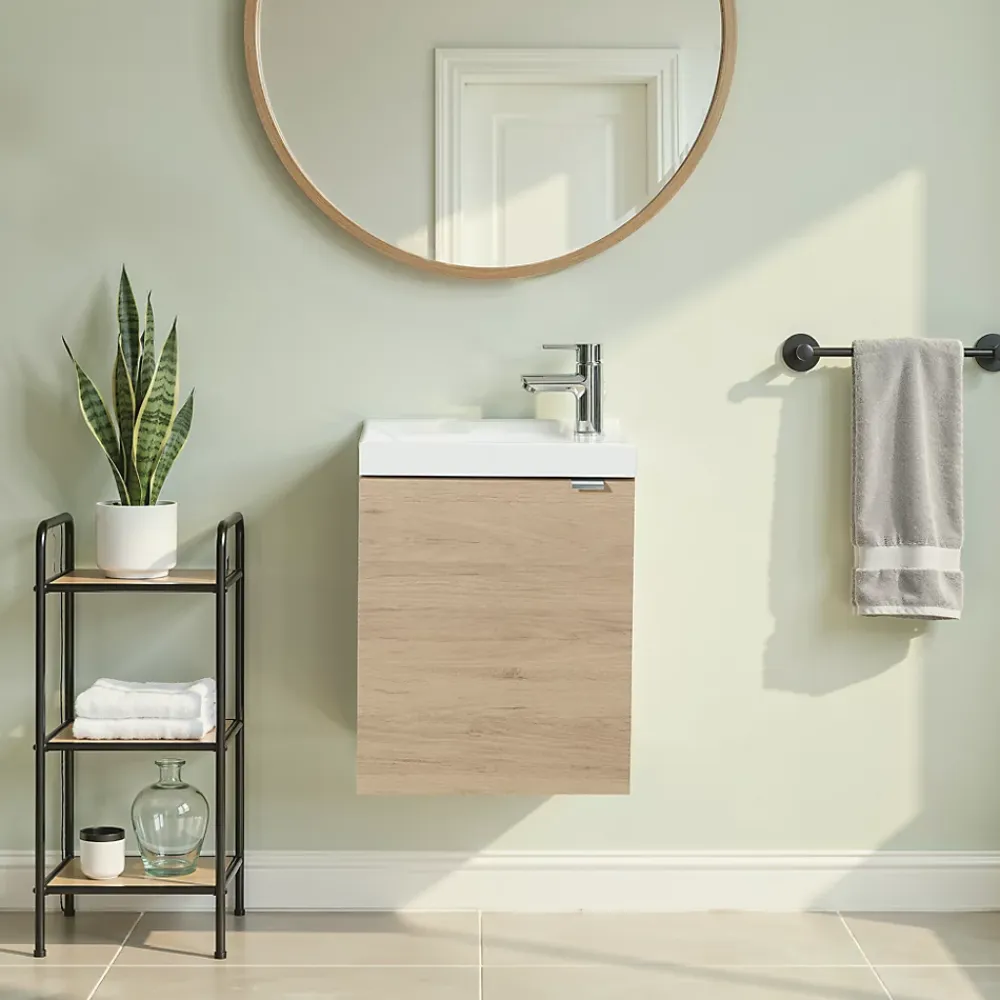 Lave-Mains|GoodHome Meuble lave mains suspendu effet chêne l.44 cm Imandra + plan vasque blanc résine Beni,