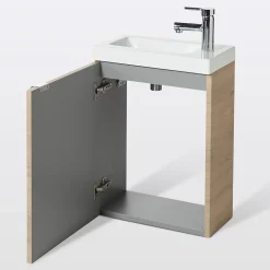 Lave-Mains|GoodHome Meuble lave mains suspendu effet chêne l.44 cm Imandra + plan vasque blanc résine Beni,
