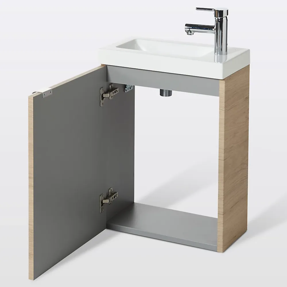 Lave-Mains|GoodHome Meuble lave mains suspendu effet chêne l.44 cm Imandra + plan vasque blanc résine Beni,
