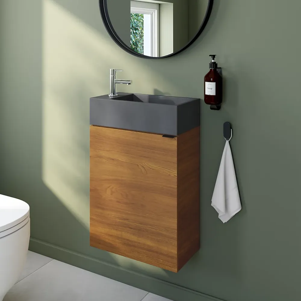 Lave-Mains|GoodHome Meuble lave mains suspendu effet noyer l.44 x H.55 x P.23 cm, Imandra