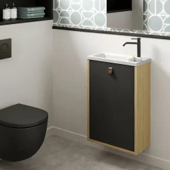 Decotec Meuble lave mains suspendu noir mat + plan vasque l.46 x H.69 x P.23 cm, ouverture à droite, Havana