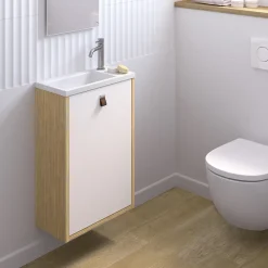 Decotec Meuble lave mains suspendu blanc mat + plan vasque l.46 x H.69 x P.23 cm, ouverture à droite, Havana