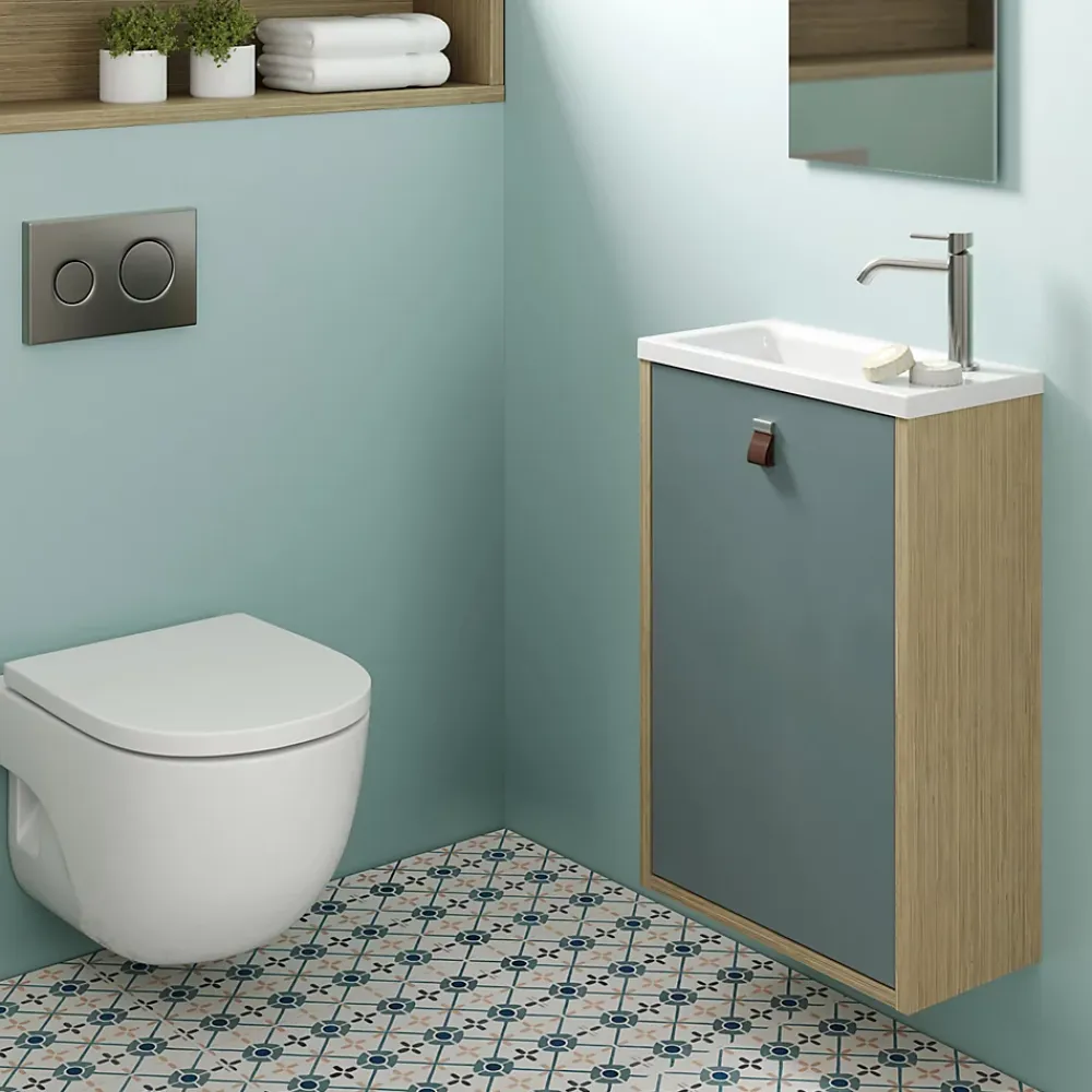 Decotec Meuble lave mains suspendu vert toundra mat + plan vasque l.46 x H.69 x P.23 cm, ouverture à gauche, Havana