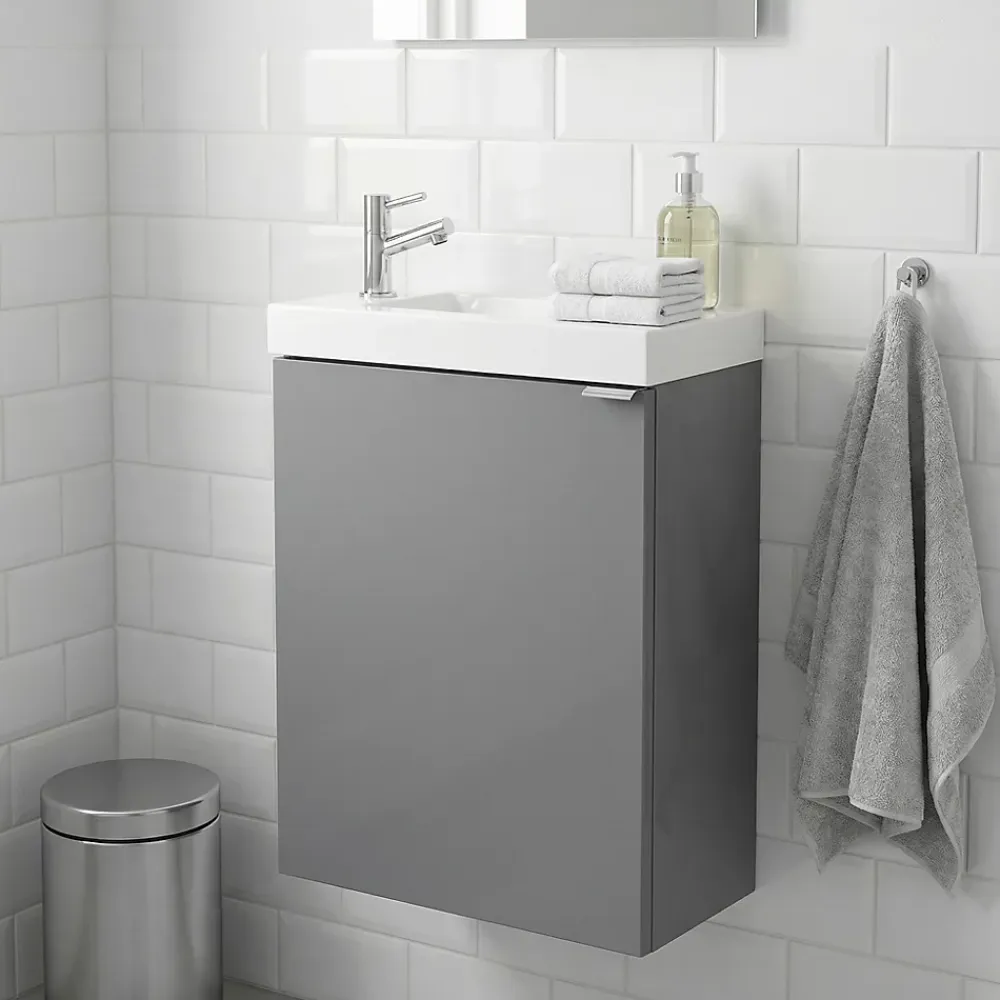 Lave-Mains|GoodHome Meuble lave mains suspendu gris brillant l.44 cm Imandra + plan vasque blanc résine Beni,