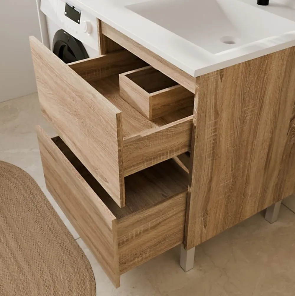 Cuisibane Meuble lave-linge IDEA, plan vasque déportée + Miroir Prestige- Bois- Vasque à droite