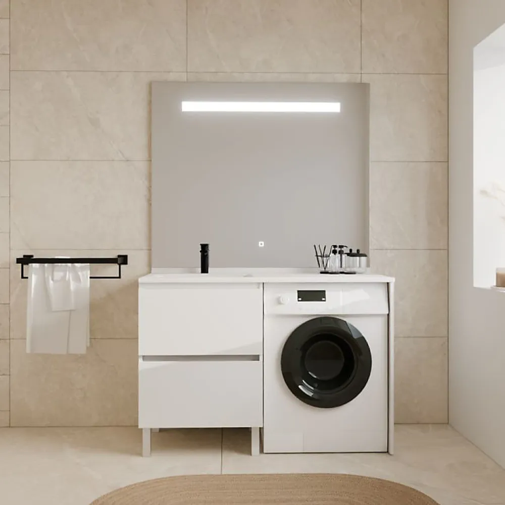 Cuisibane Meuble lave-linge IDEA, plan vasque déportée + Miroir Elégance h105- Blanc- Vasque à gauche