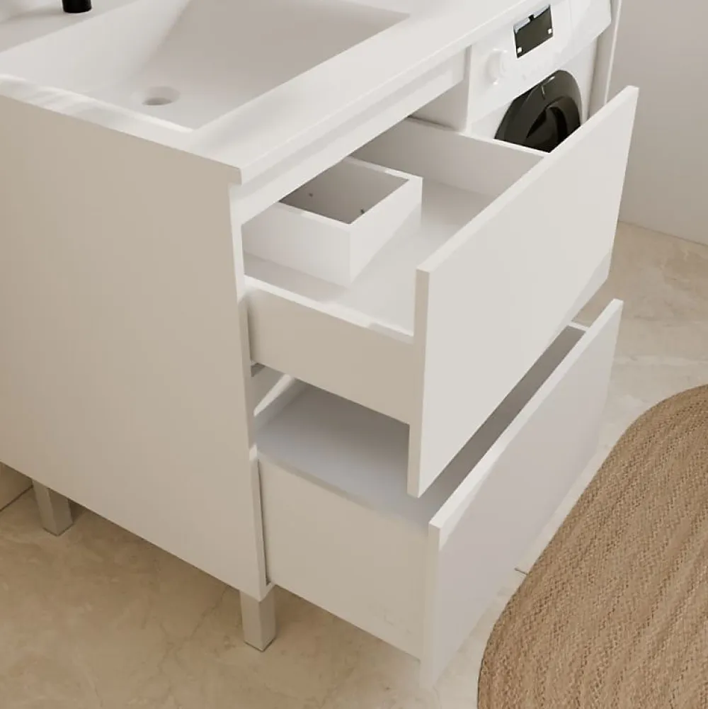 Cuisibane Meuble lave-linge IDEA, plan vasque déportée + Miroir Elégance h105- Blanc- Vasque à gauche