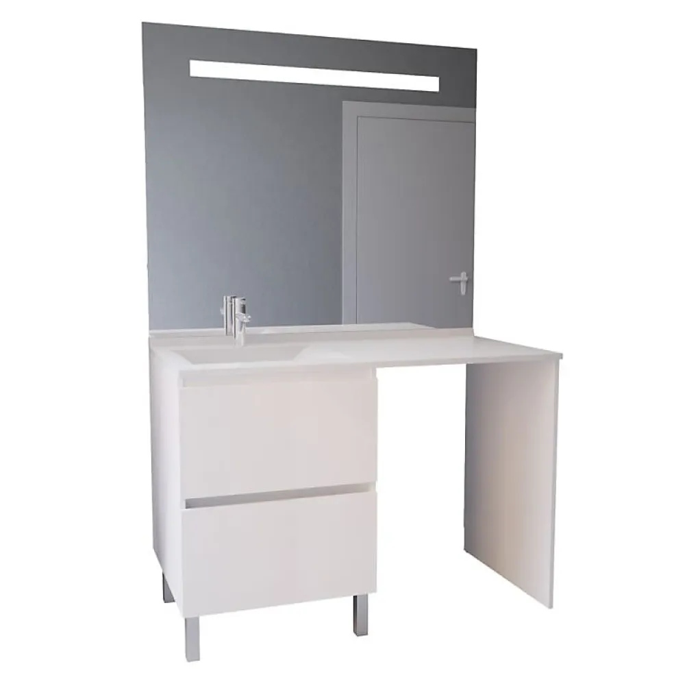 Cuisibane Meuble lave-linge IDEA, plan vasque déportée + Miroir Elégance h105- Blanc- Vasque à gauche