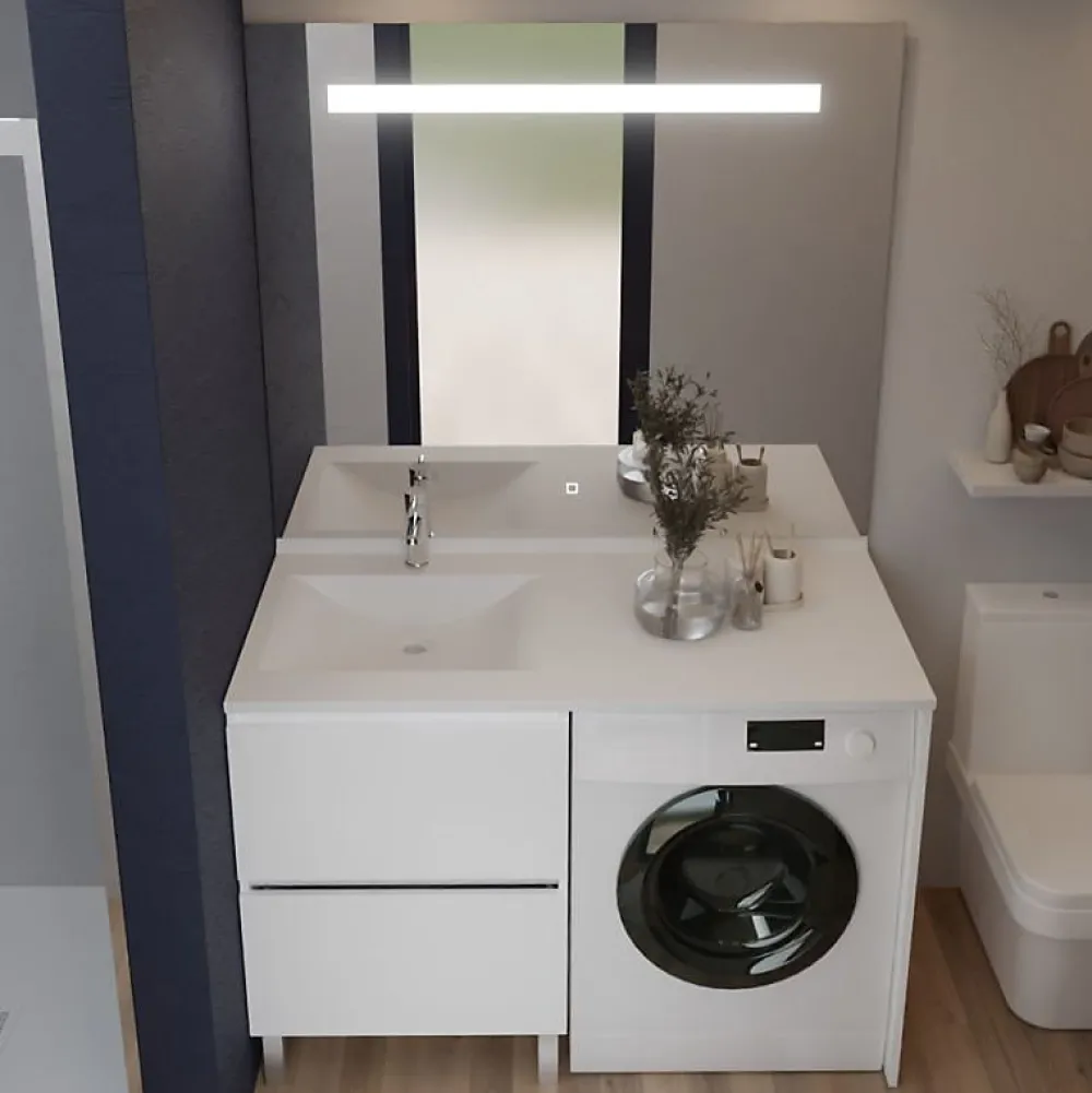 Cuisibane Meuble lave-linge IDEA, plan vasque déportée + Miroir Elégance h105- Blanc- Vasque à gauche