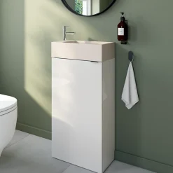 Meuble lave-mains à poser blanc brillant l.44 cm Imandra + plan vasque béton beige moucheté, GoodHome