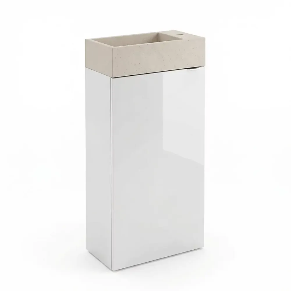 Meuble lave-mains à poser blanc brillant l.44 cm Imandra + plan vasque béton beige moucheté, GoodHome