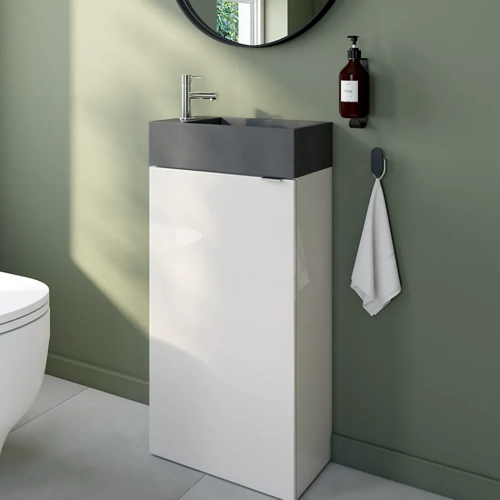 Meuble lave-mains à poser blanc brillant l.44 cm Imandra + plan vasque béton gris, GoodHome