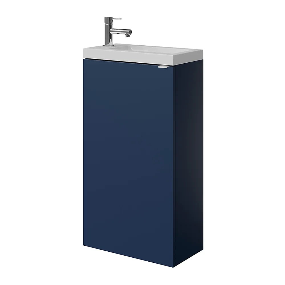 Lave-Mains|Meuble De Salle De Bains Faible Profondeur|GoodHome Meuble lave-mains à poser bleu nuit mat l.44 cm Imandra + plan vasque blanc résine Beni,
