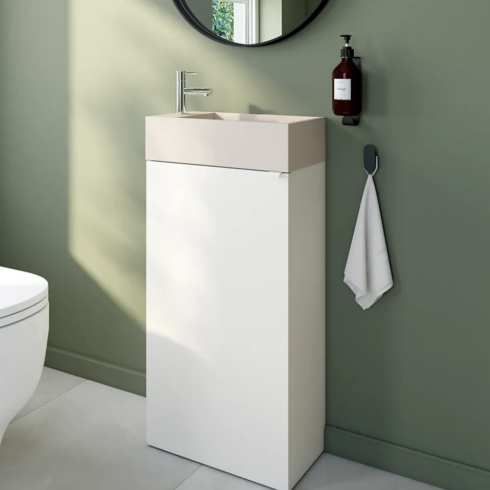 Homesight Meuble lave-mains à poser blanc mat l.44 cm Imandra + plan vasque béton beige moucheté, GoodHome