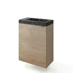 GoodHome Meuble lave-mains à poser effet chêne l.44 cm Imandra + plan vasque effet marbre noir,