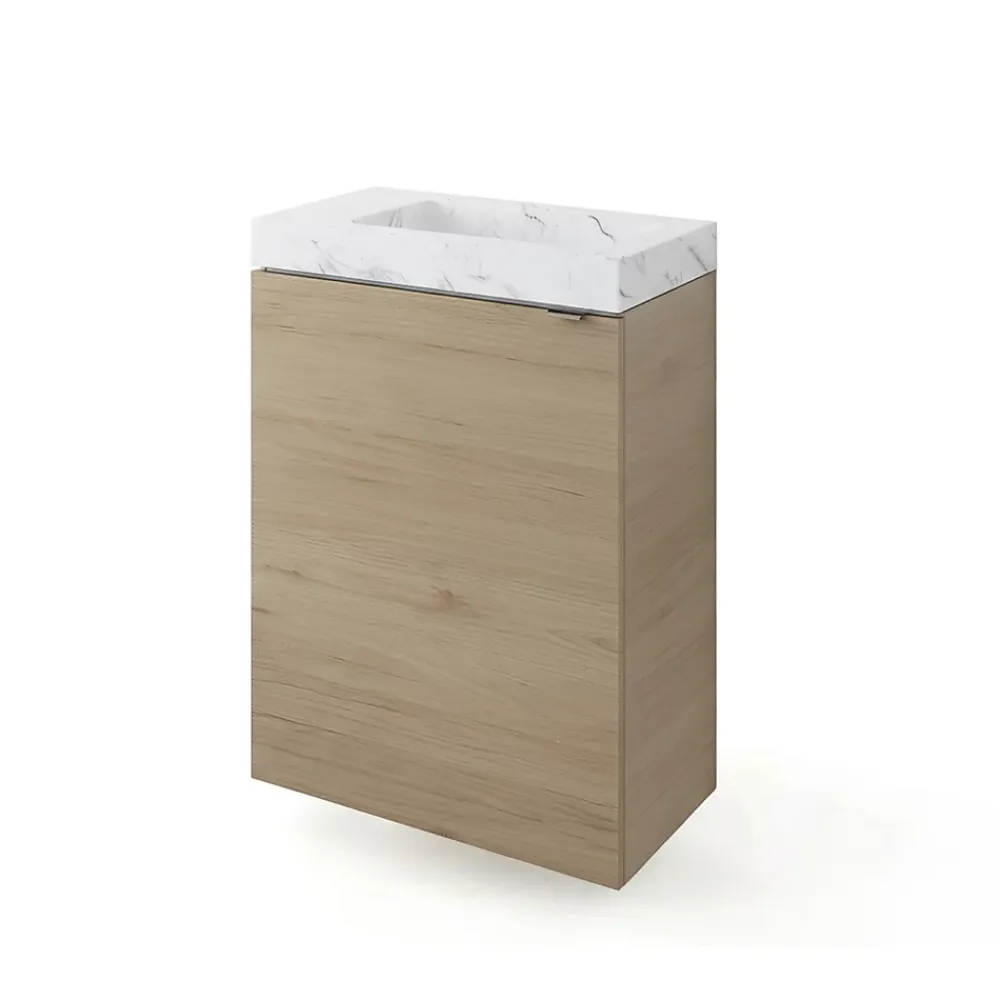GoodHome Meuble lave-mains à poser effet chêne l.44 cm Imandra + plan vasque effet marbre blanc,