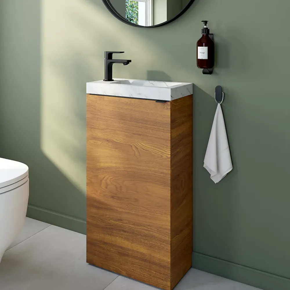 Lave-Mains|Homesight Meuble lave-mains à poser effet noyer l.44 cm Imandra + plan vasque effet marbre blanc, GoodHome