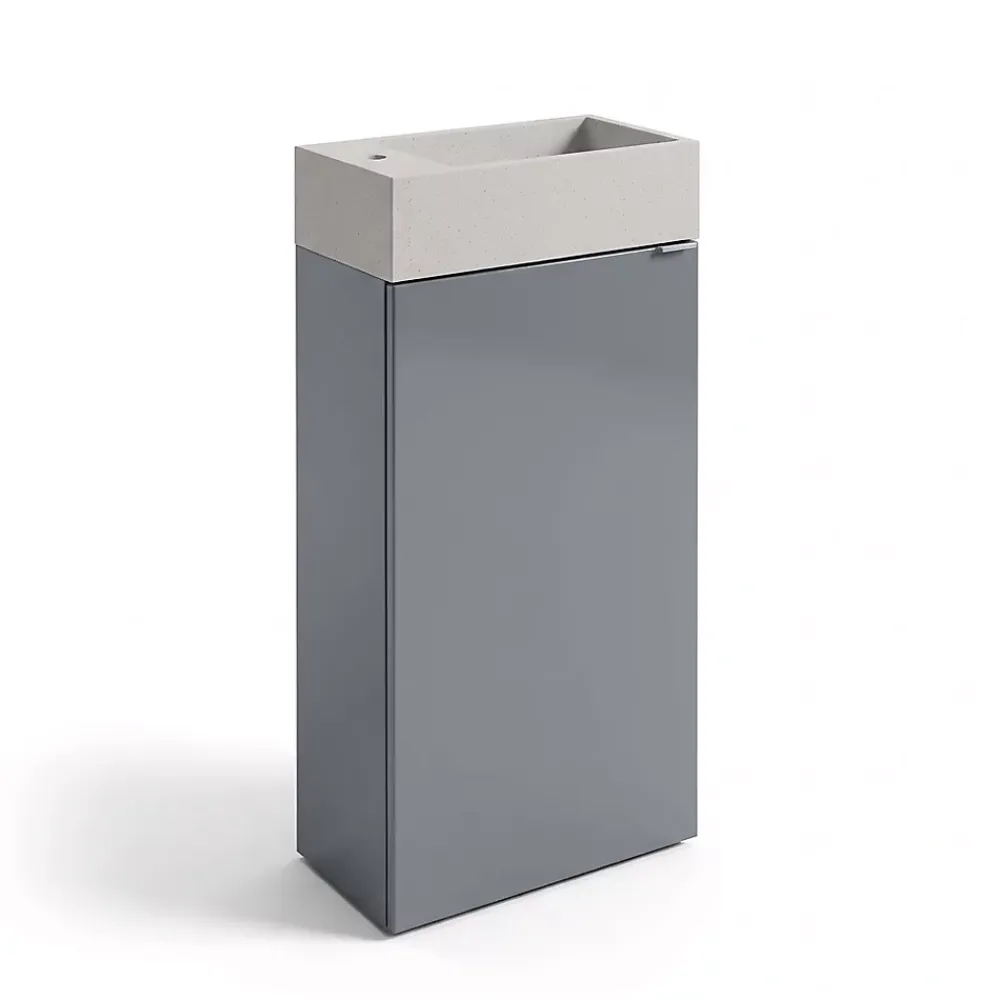 Lave-Mains|GoodHome Meuble lave-mains à poser gris brillant l.44 cm Imandra + plan vasque béton beige moucheté,
