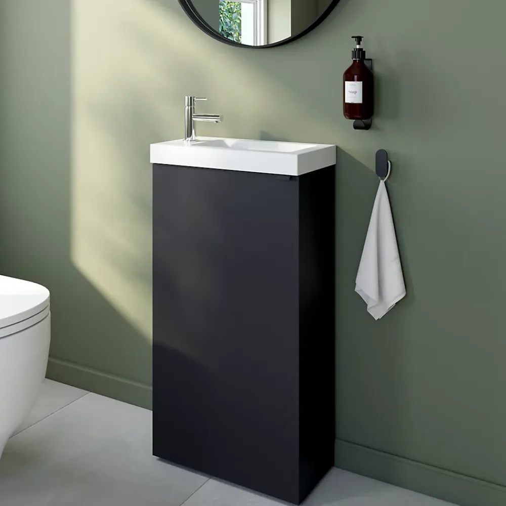 Lave-Mains|GoodHome Meuble lave-mains à poser noir mat l.44 cm Imandra + plan vasque blanc céramique Nira,