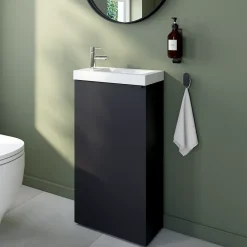 Lave-Mains|GoodHome Meuble lave-mains à poser noir mat l.44 cm Imandra + plan vasque blanc céramique Nira,