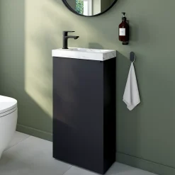 Homesight Meuble lave-mains à poser noir mat l.44 cm Imandra + plan vasque effet marbre blanc, GoodHome