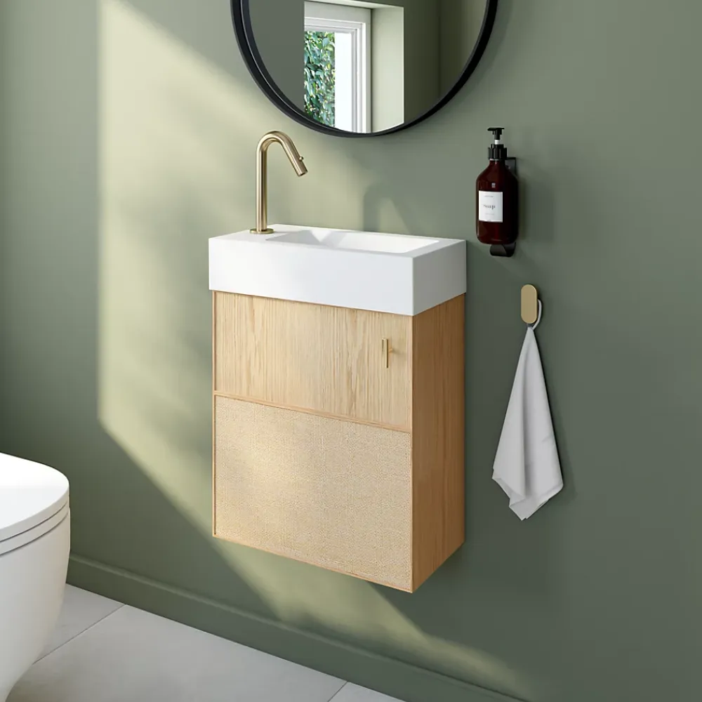 Homesight Meuble lave-mains à suspendre l.43,2 x H.48 x P.22,5 cm, effet chêne clair et jute, Java