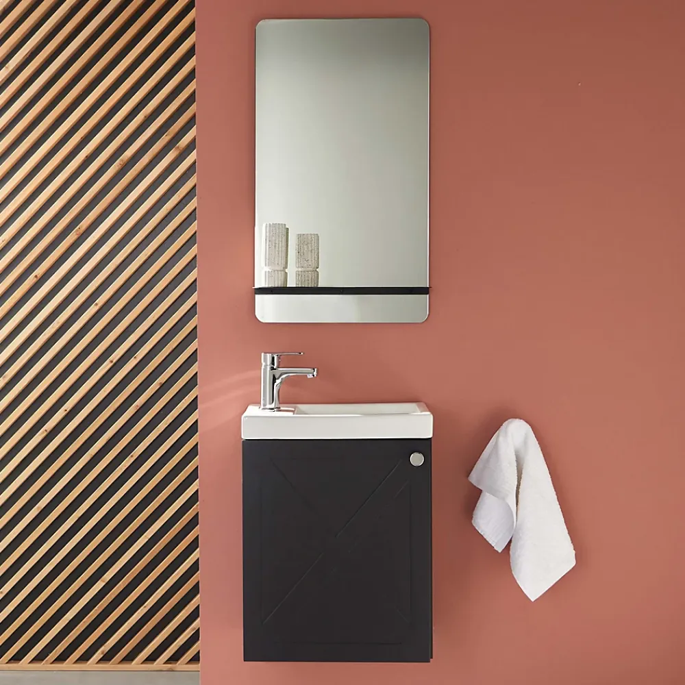 Lave-Mains|Mob-In Meuble lave-mains AVA noir carbone + miroir tablette blanche