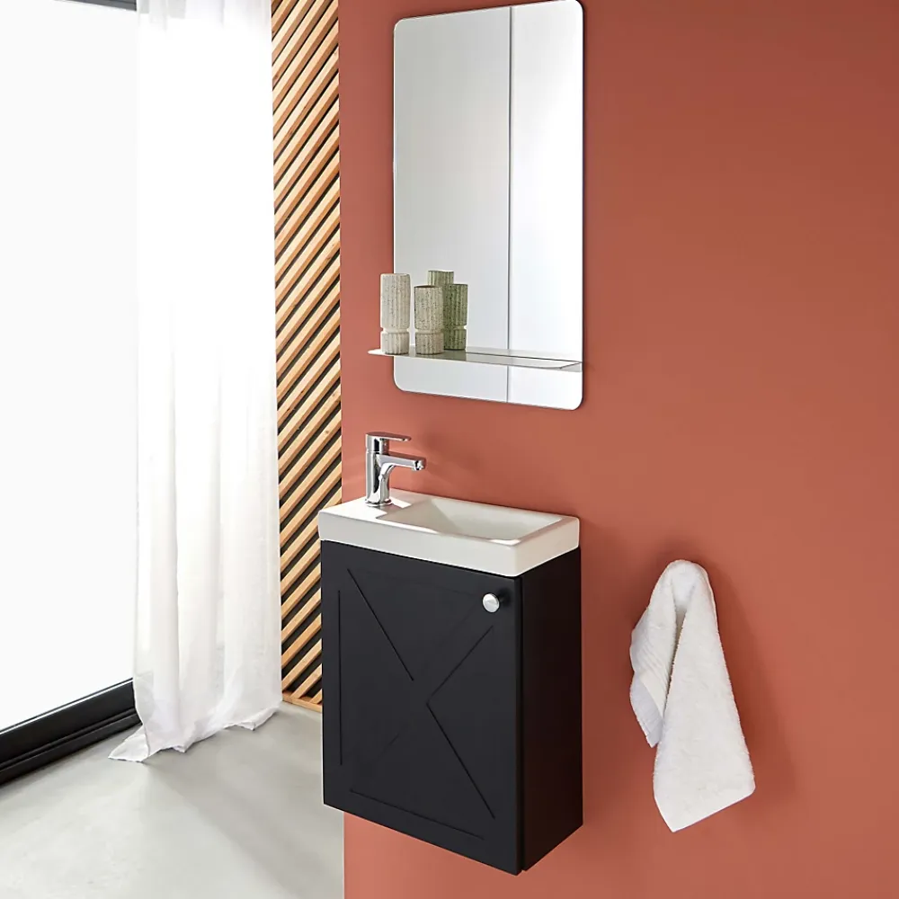 Lave-Mains|Mob-In Meuble lave-mains AVA noir carbone + miroir tablette blanche