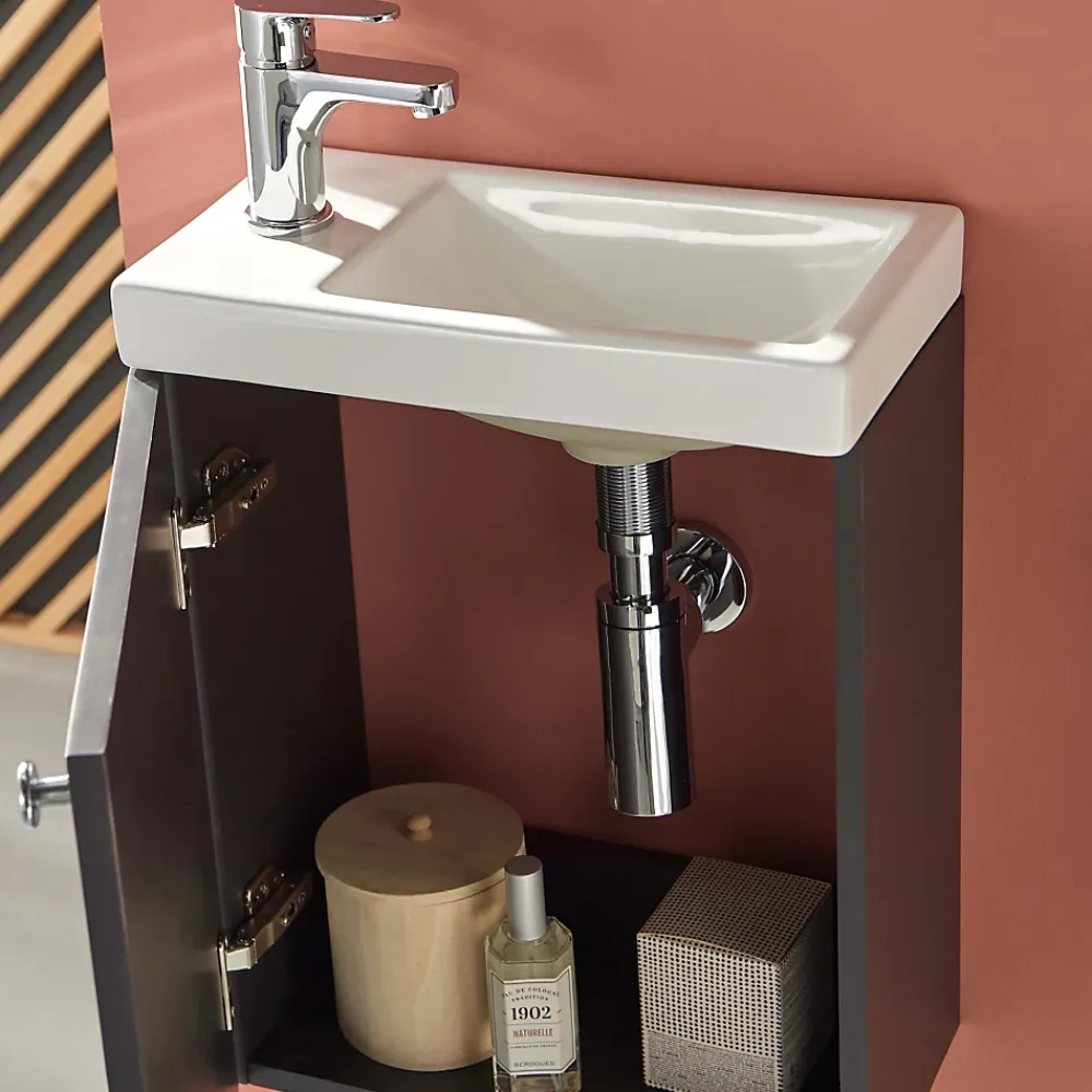 Lave-Mains|Mob-In Meuble lave-mains AVA noir carbone + miroir tablette blanche