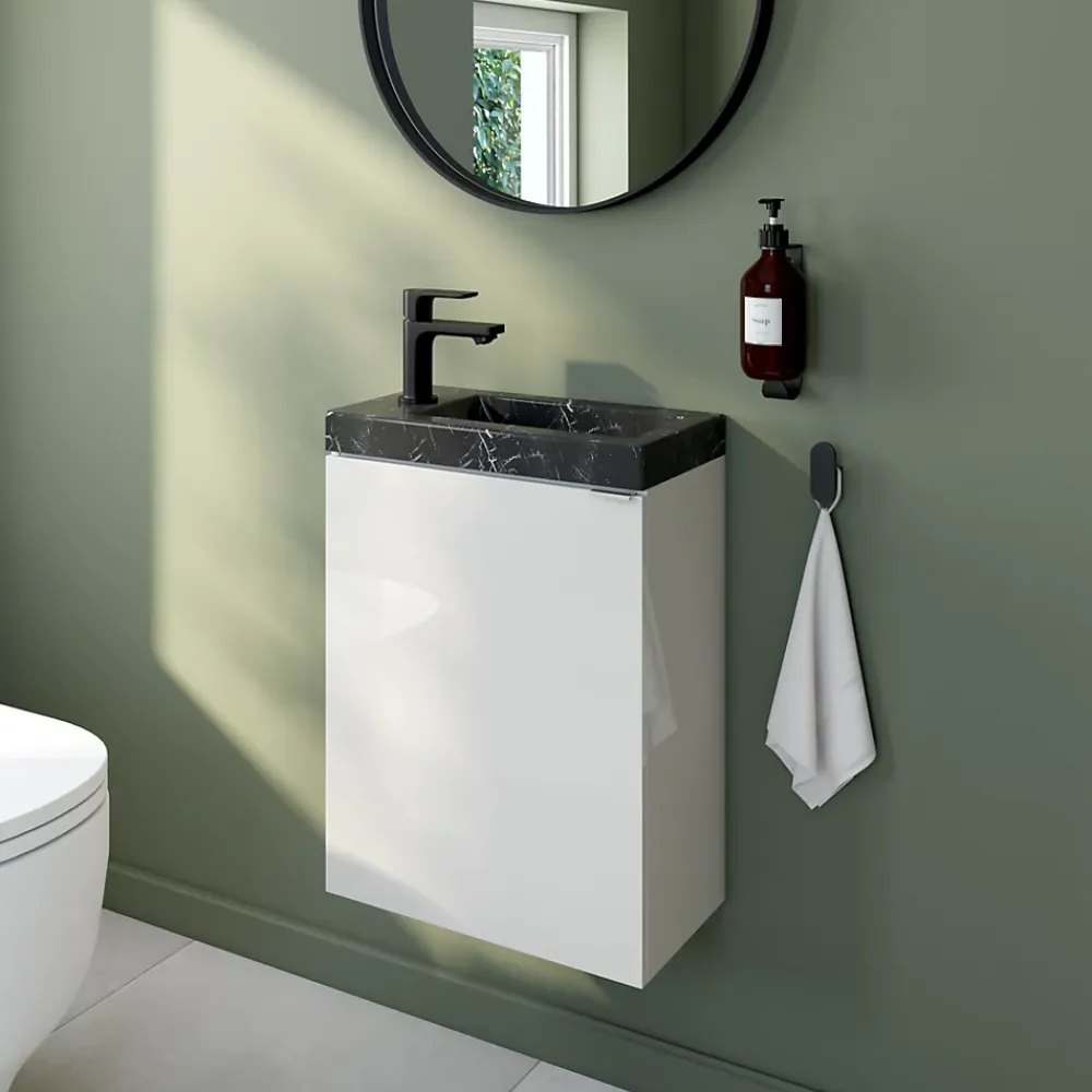 Lave-Mains|GoodHome Meuble lave-mains blanc brillant l.44 cm Imandra + plan vasque effet marbre noir,