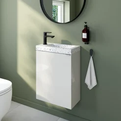 Lave-Mains|GoodHome Meuble lave-mains blanc brillant l.44 cm Imandra + plan vasque terrazzo,