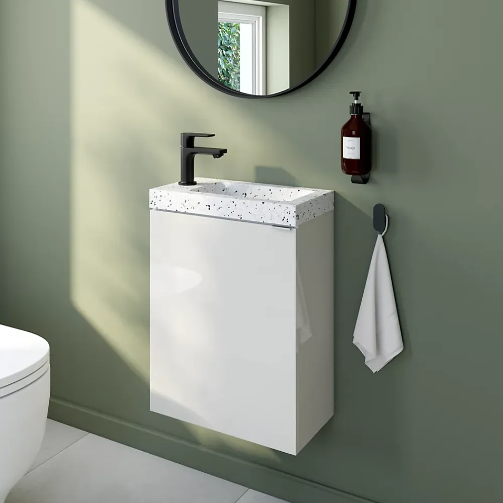 Lave-Mains|GoodHome Meuble lave-mains blanc brillant l.44 cm Imandra + plan vasque terrazzo,