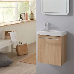 Planète Bain Meuble lave-mains complet couleur chêne Oak bordolino avec mitigeur eau chaude/eau froide