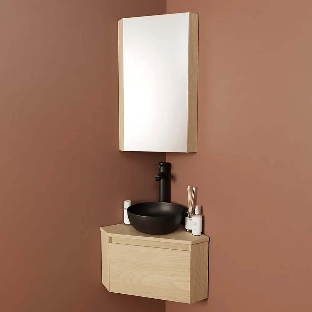 Homesight Meuble lave-mains d'angle à suspendre l.36,5 x H.28 x P.36,5 cm, effet bois, Noma