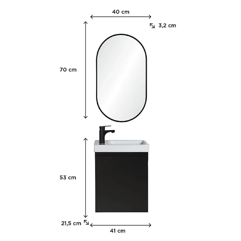 Mob-In Meuble lave-mains LISA + robinet noir + miroir ovale