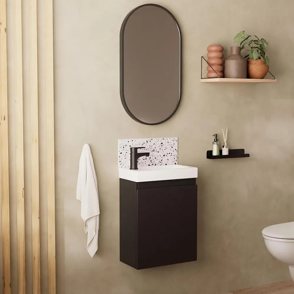 Mob-In Meuble lave-mains LISA + robinet noir + miroir ovale