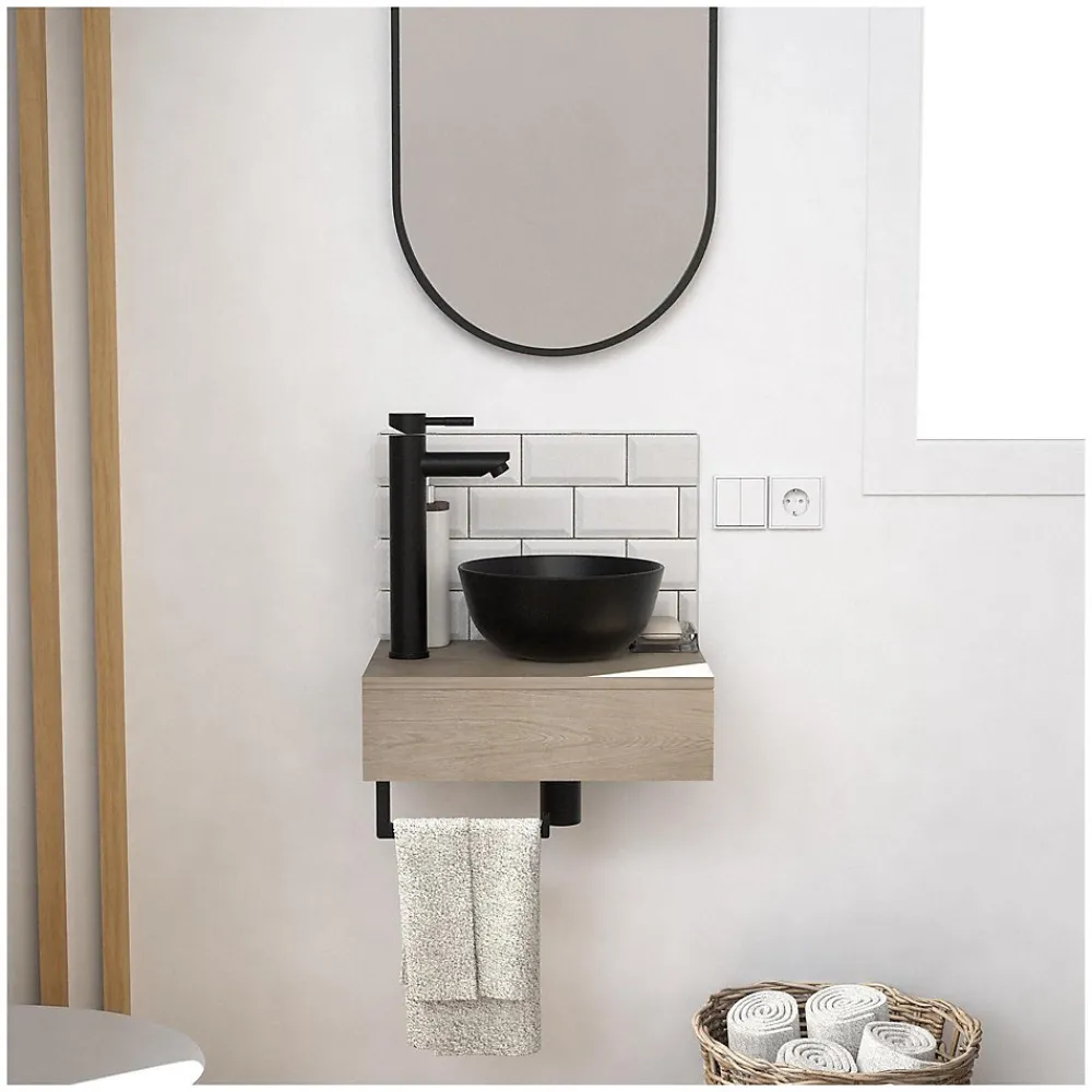 Meuble De Salle De Bains Faible Profondeur|Mob-In Meuble lave-mains SOHO plan épais vasque noire + miroir