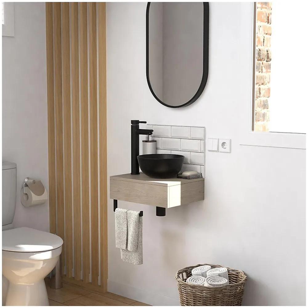 Meuble De Salle De Bains Faible Profondeur|Lave-Mains|Mob-In Meuble lave-mains SOHO plan épais vasque noire + robinet