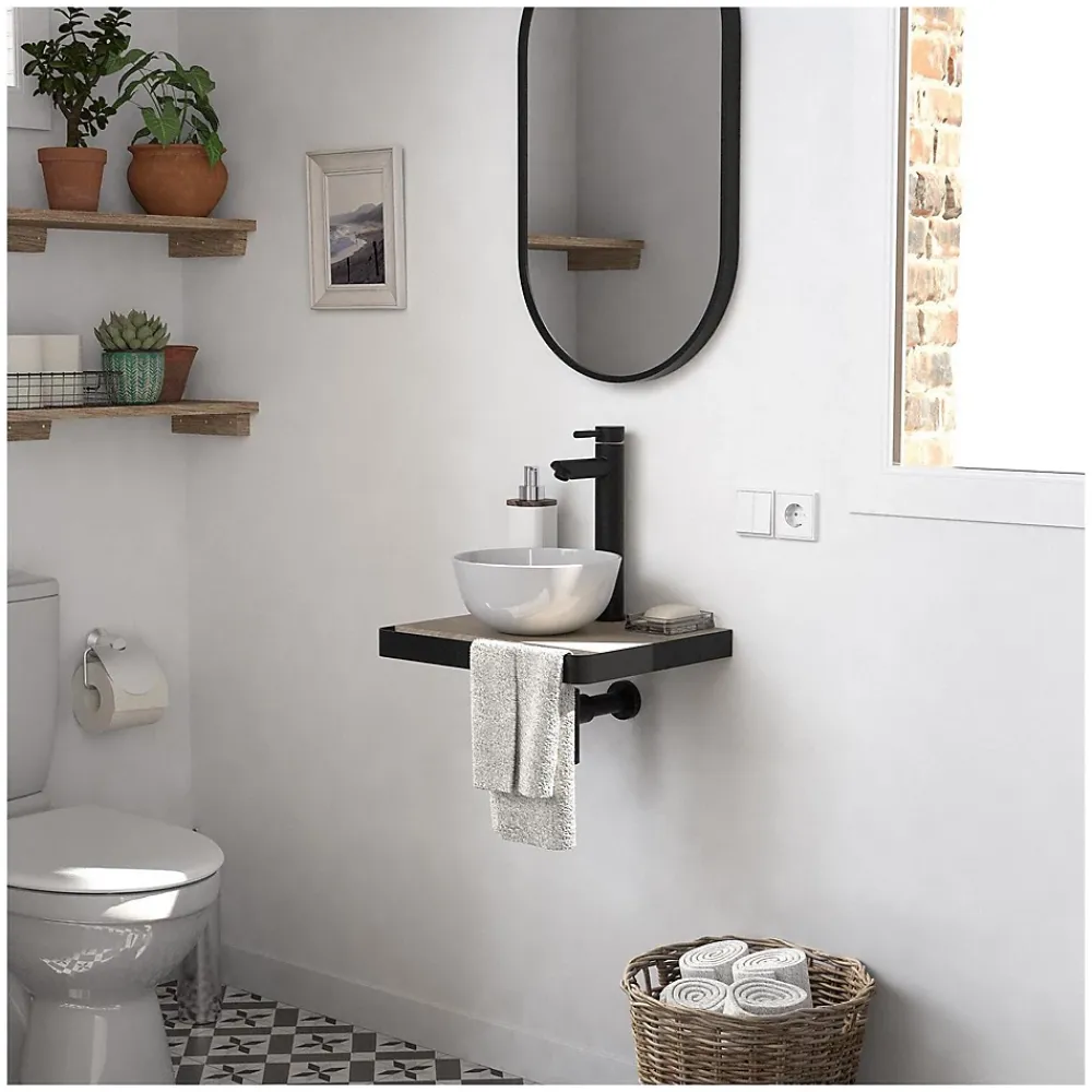 Mob-In Meuble lave-mains SOHO plan fin et porte serviette face vasque blanche